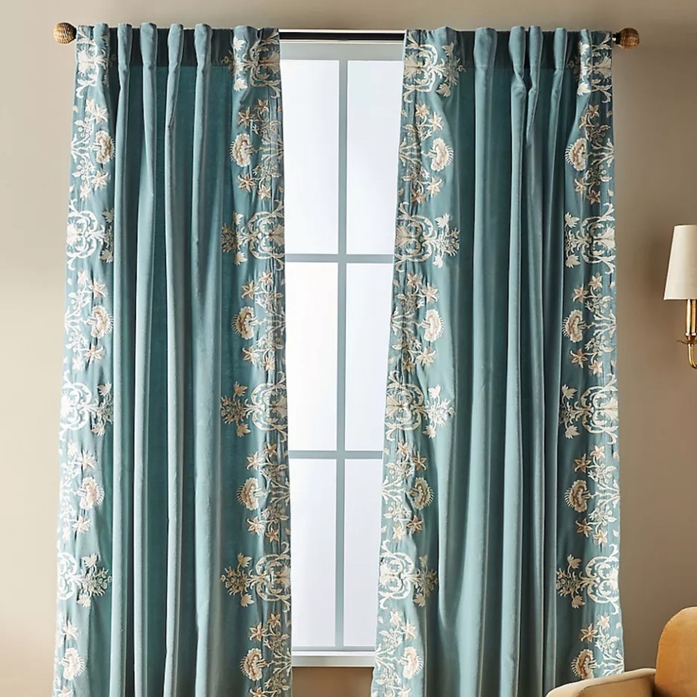 Anthropologie Blue and Cream Curtains Elegant Accents